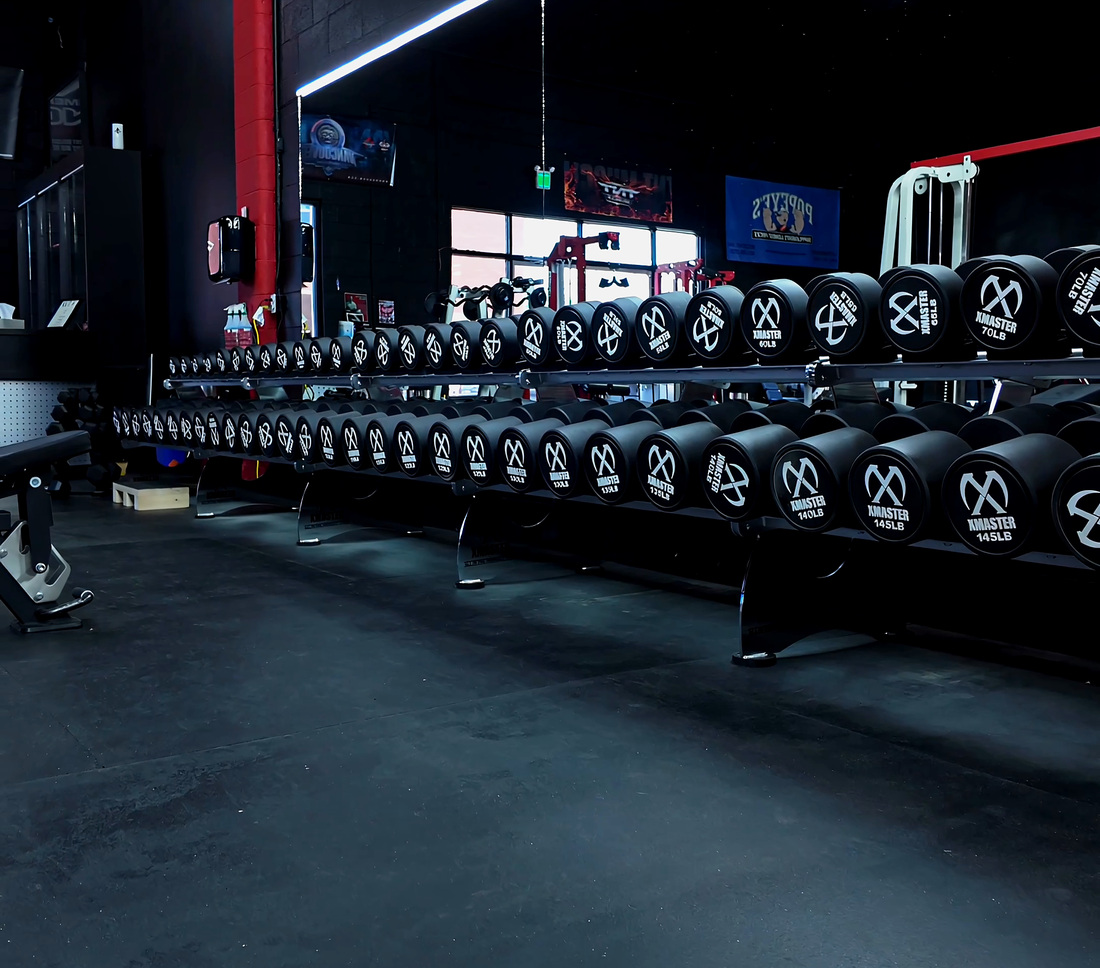 The full XMASTER urethane dumbbell lineup at Legacy Athletix