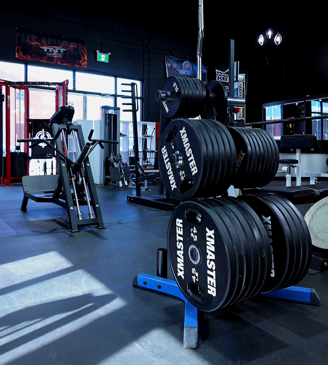 XMASTER Olympic grip plates on vertical trees at Legacy Athletix